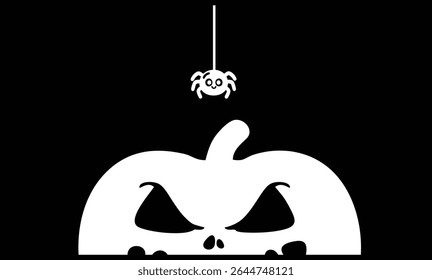 Scary Pumpkin Face with Hanging Spider Minimalist Halloween Vector
