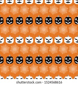 Scary pumpkin faces and spider webs seamless pattern print. Halloween background design. Vector illustraton