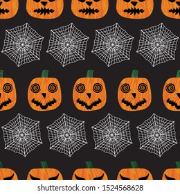 Scary pumpkin faces and spider webs seamless pattern print. Halloween background design. Vector illustraton