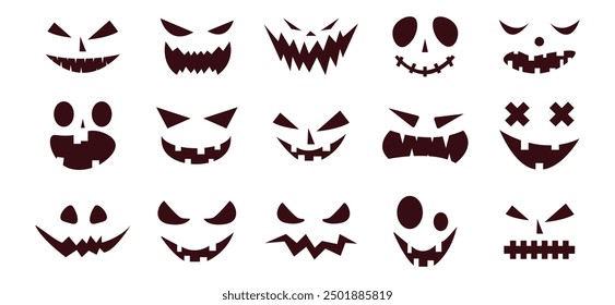 Scary pumpkin faces vector set. Spooky creepy faces icons on white background