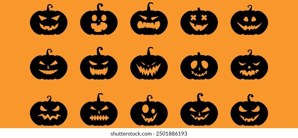 Scary pumpkin faces vector set. Spooky creepy faces icons. Vector illustration for Halloween.