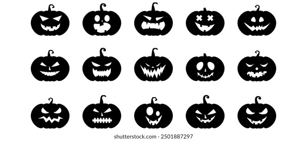 Scary pumpkin faces vector set. Spooky creepy faces icons on white background. Vector illustration for Happy Halloween.