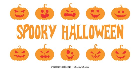 Scary pumpkin faces vector set. Spooky creepy faces icons. Vector illustration for Halloween. Halloween Spooky Scene with pumpkins white isolated background