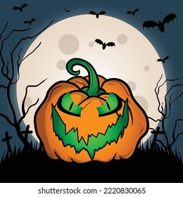 Scary pumpkin with full moon and bats