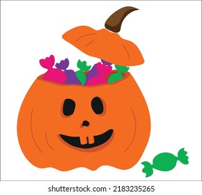 Scary pumpkin with Halloween candy. Pumpkin lantern, Halloween symbol. Design template on a light background. Vector drawing.