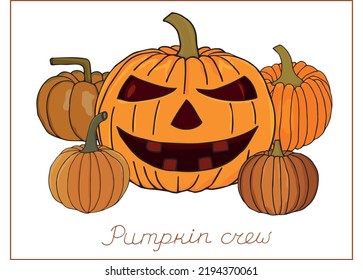 Scary pumpkin for Halloween. Collection of vector Hand-drawn colored doodle pumpkin. Decoration for Halloween and Thanksgiving.