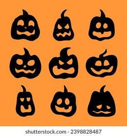 Scary Pumpkin Halloween Silhouette Art. Black Pumpkin. Pumpkin Face.