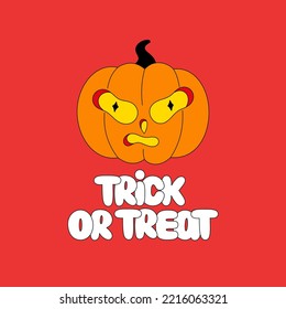 Scary pumpkin. Halloween spooky cartoon character on purple background. Flat style with black outline. Trick or treat lettering. Posrer, postcard, print on clothes. Vector illustration