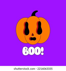Scary pumpkin. Halloween spooky cartoon character on purple background. Flat style with black outline. Boo lettering. Posrer, postcard, print on clothes. Vector illustration