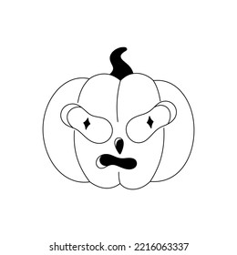 Scary pumpkin. Halloween spooky cartoon character isolated on white background. Black outline. Sticker, print on clothes, notebooks and phone cases. Vector illustration