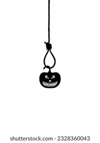 Scary Pumpkin hanging on gallows for sign, symbol and Halloween art illustration. Vector Illustration