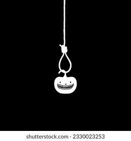 Scary Pumpkin hanging on gallows for sign, symbol and Halloween art illustration. Vector Illustration