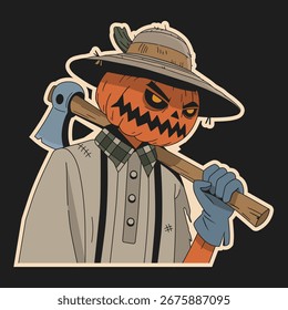 Scary Pumpkin Head Character with Axe – Halloween Sticker