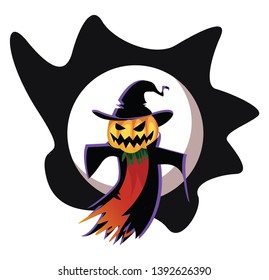 Scary pumpkin head monster in witch suit flying  above full moon vector illustration on white background.