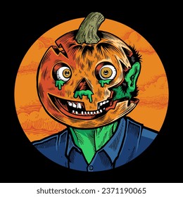 Asustada cabeza de calabaza. Espeluznante Ilustración De Personajes De Caricatura De Horror.