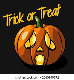 Scary pumpkin head with Trick or Treat text on a dark night background. Use for the Halloween backgrounds, posters and greeting cards. Vector illustration