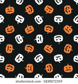 Las cabezas de calabaza asustadas son un patrón sin fisuras en un fondo negro. Ornamento de celebración de Halloween. Ilustración vectorial fácil de editar y personalizar. Eps10