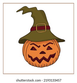 Scary pumpkin for Helloween.  Vector, isolated on white background. Hand-drawn colored doodle pumpkin. Decoration for Helloween and Thanksgiving.