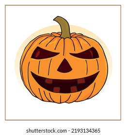 Scary pumpkin for Helloween. Vector, isolated on white background. Hand-drawn colored doodle pumpkin. Decoration for Helloween and Thanksgiving.