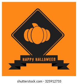 Scary Pumpkin icon. Black Happy Halloween Ribbon Banner on Orange background. Vector illustration