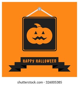 Scary Pumpkin icon. Black Happy Halloween Ribbon Banner on Orange background. Vector illustration