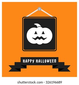 Scary Pumpkin icon. Black Happy Halloween Ribbon Banner on Orange background. Vector illustration