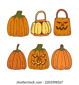 Asustada calabaza jack halloween plana. Cara espeluznante. Vacaciones de otoño. Bolsa de caramelo. Cosecha. Ilustración vectorial dibujada a mano.