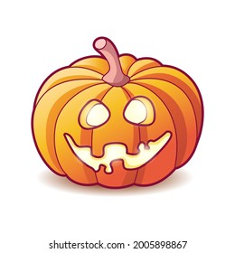 Scary pumpkin jack lantern with creepy toothy smile and fiery glow inside. Traditional decoration for Halloween. Cartoon vector illustration isolated on white background. Symbol of halloween 