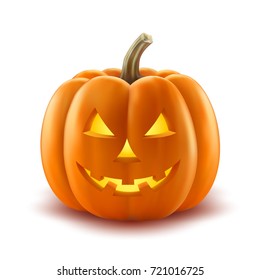 Scary pumpkin jack-o-lantern with creepy toothy smile and fiery glow inside realistic vector illustration isolated on white background. Traditional decoration, symbol of halloween holiday celebration