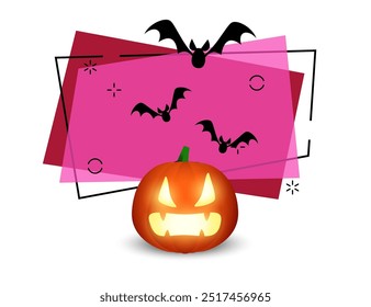 Scary pumpkin lantern and flying bats nearby. Halloween and fear concept. Banner design on bright abstract background. Vector illustration can be used for invitations, posters, postcards