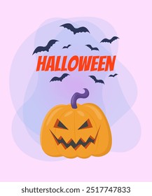 Lanterna de abóbora assustadora para design de cartaz de Halloween. Morcegos voadores sobre fundo abstrato. Celebração, feriado, conceito de festa. Ilustração vetorial para convite ou banner