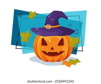 Scary pumpkin lantern in hat vector illustration on abstract background. Halloween banner design. Celebration, party, holiday concept. Can be used for poster or invitation