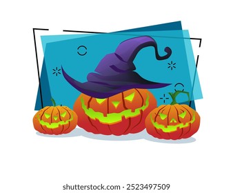 Scary pumpkin lanterns vector illustration on abstract background. Halloween banner design. Celebration, party, holiday concept. Can be used for poster or invitation