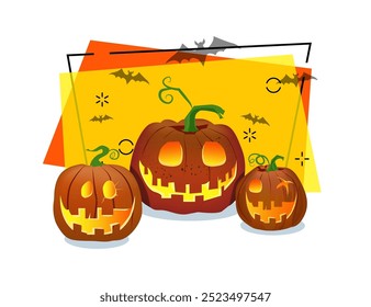 Scary pumpkin lanterns vector illustration. Flying bats on abstract background. Halloween banner design. Celebration, party, holiday concept. Can be used for poster or invitation