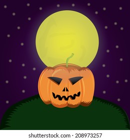 a scary pumpkin on the grass at full moon