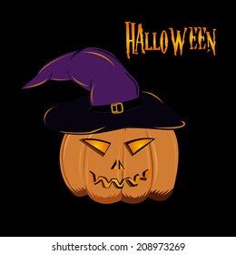 a scary pumpkin with a purple hat