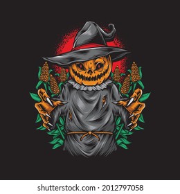 scary pumpkin scarecrow vector illustration