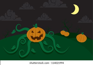Scary pumpkin scene with moon and clouds