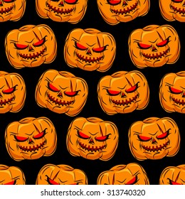 Scary pumpkin seamless pattern. Background for Halloween. Vector ornament for a horrible holiday evil. 