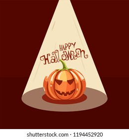 Scary pumpkin with stylish lettering of Happy Halloween on brown background. Can be used as greeting card design.