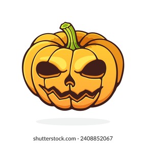 Scary pumpkin with toothy smile. Halloween Jack lantern. Vector illustration. Hand drawn cartoon clip art with outline. Isolated on white background