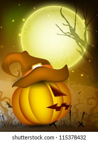 Scary pumpkin wearing witch hat on Halloween moon light night. EPS 10.