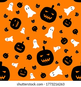The scary pumpkin and the white spooky ghost and the black cat on the orange background. Halloween seamless pattern. Decoration, wallpaper, fabric design, gift wrap paper, texttile conccept. 