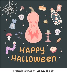 Los aterradores atributos de la calabaza y la bruja. Tarjeta de felicitación de Halloween.