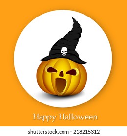Scary pumpkin in witch hat on white and yellow background for Happy Halloween party night poster, banner or flyer design. 