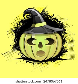 Scary pumpkin in witch hat on black and yellow background for Happy Halloween concept.