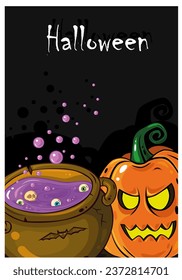 Scary pumpkin with witch's cauldron on black background. Great Halloween poster. Cartoon characters. Halloween Postcards.