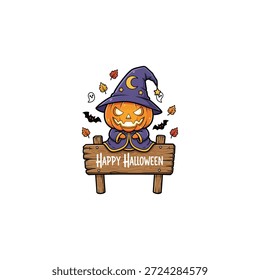 Mago de la calabaza aterrador que se sienta en un diseño de Vector plano del icono de Halloween feliz.