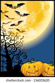 Scary pumpkins by night - halloween party vector invitation card  