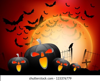 Scary pumpkins and flying bats in the Halloween night. EPS 10.